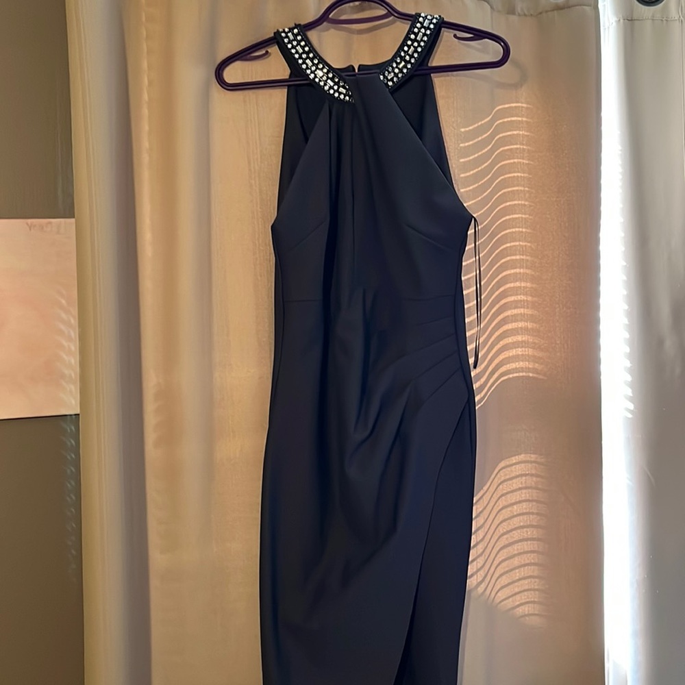 Gorgeous classic pewter colour dress with crystal neckline